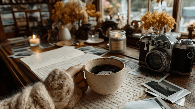 Jesienny stół z kubkiem kawy, notatnikiem i aparatem – cozy autumn aesthetic do nauki angielskiego online. jesienne idiomy po angielsku